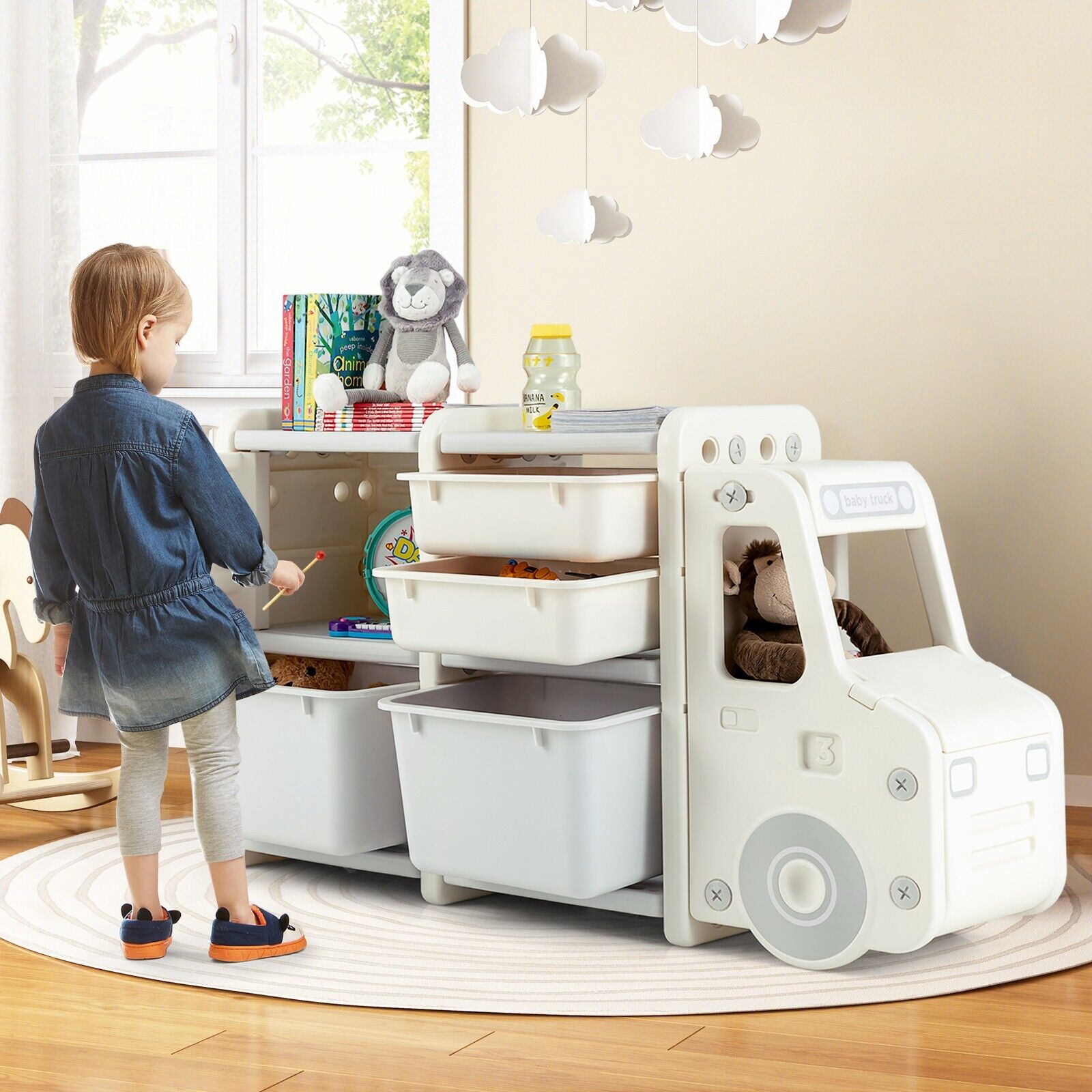 Kids Storage Units with 2 Plastic Bins and 2 Drawers-Beige