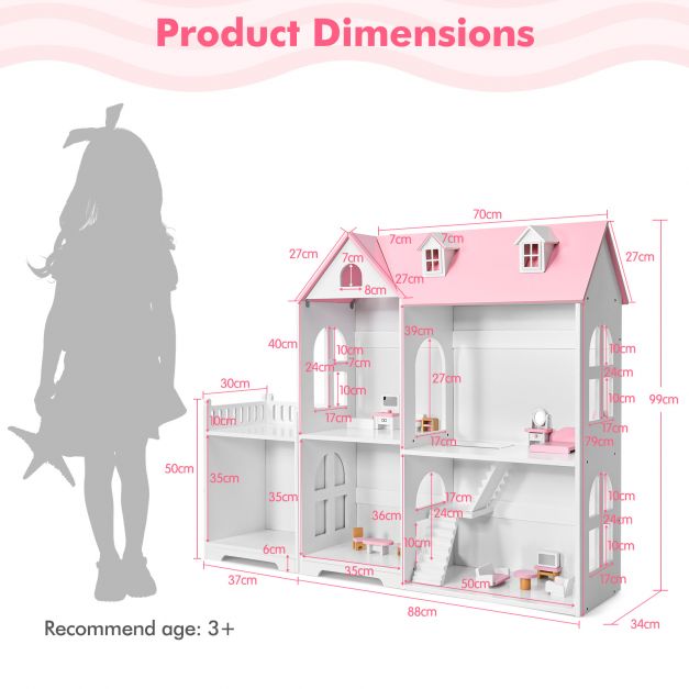 2-Tier Dollhouse Bookcase with Sufficient Storage Space-Pink