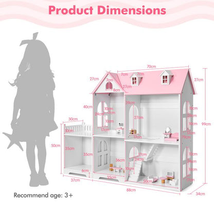 2-Tier Dollhouse Bookcase with Sufficient Storage Space-Pink