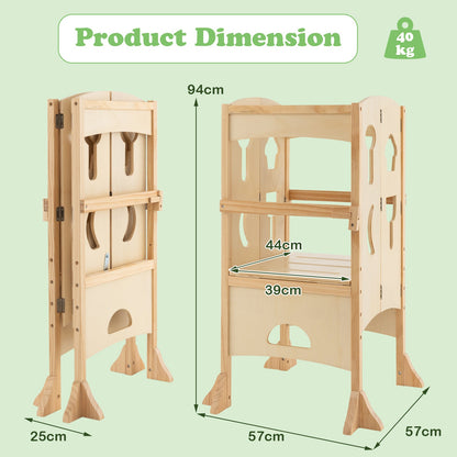 Folding Height Adjustable Kids Step Stool with Safety Latches-Natural