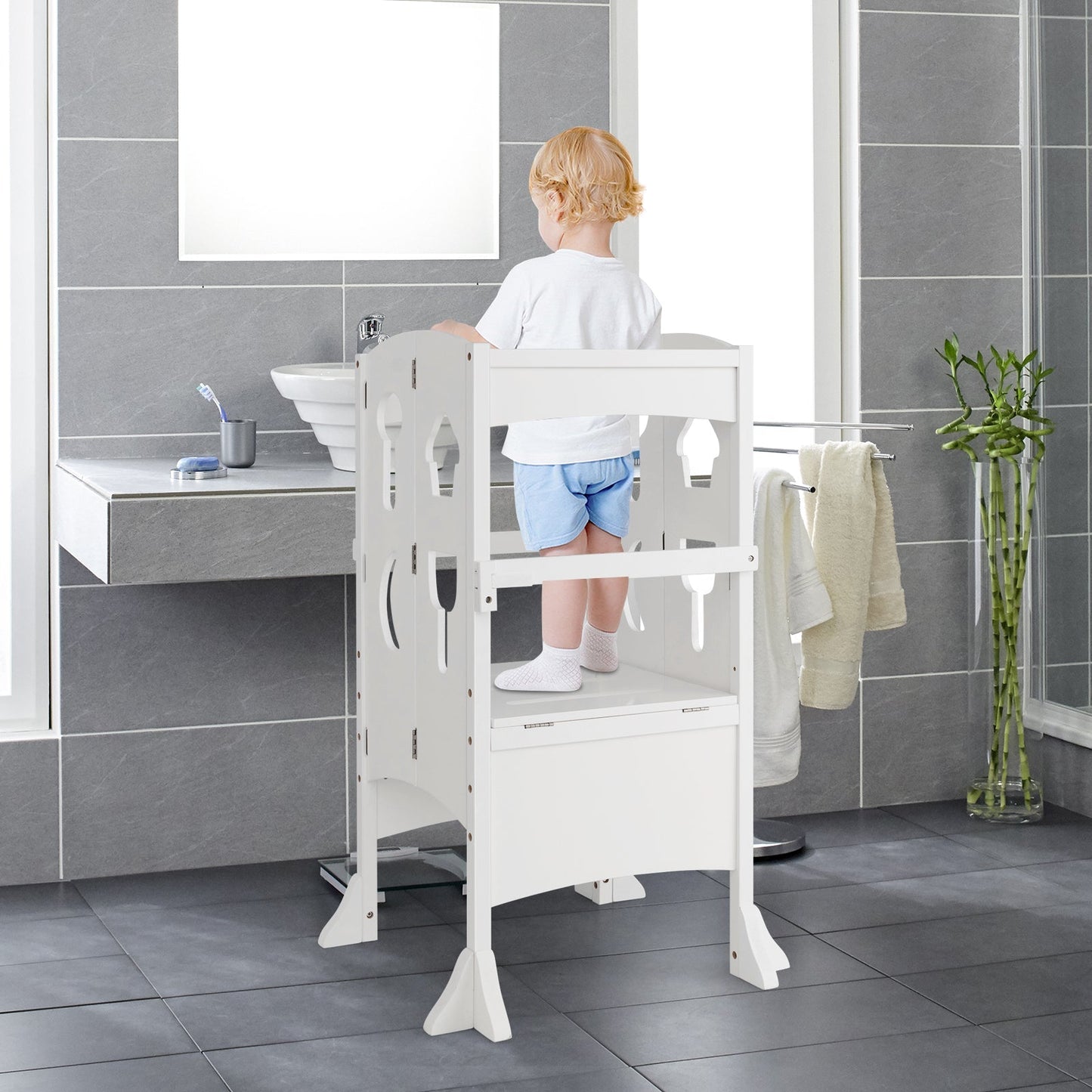 Folding Height Adjustable Kids Step Stool with Safety Latches-White