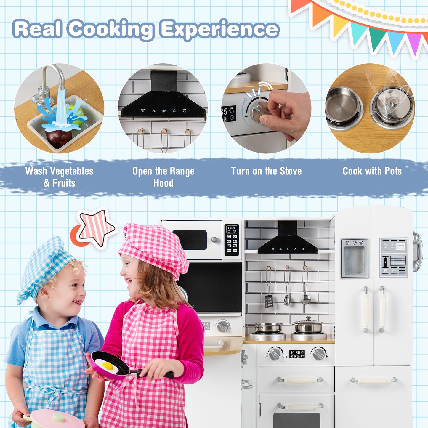 Kid's Corner Kitchen Playset Wooden Play Kitchen with Stove-White