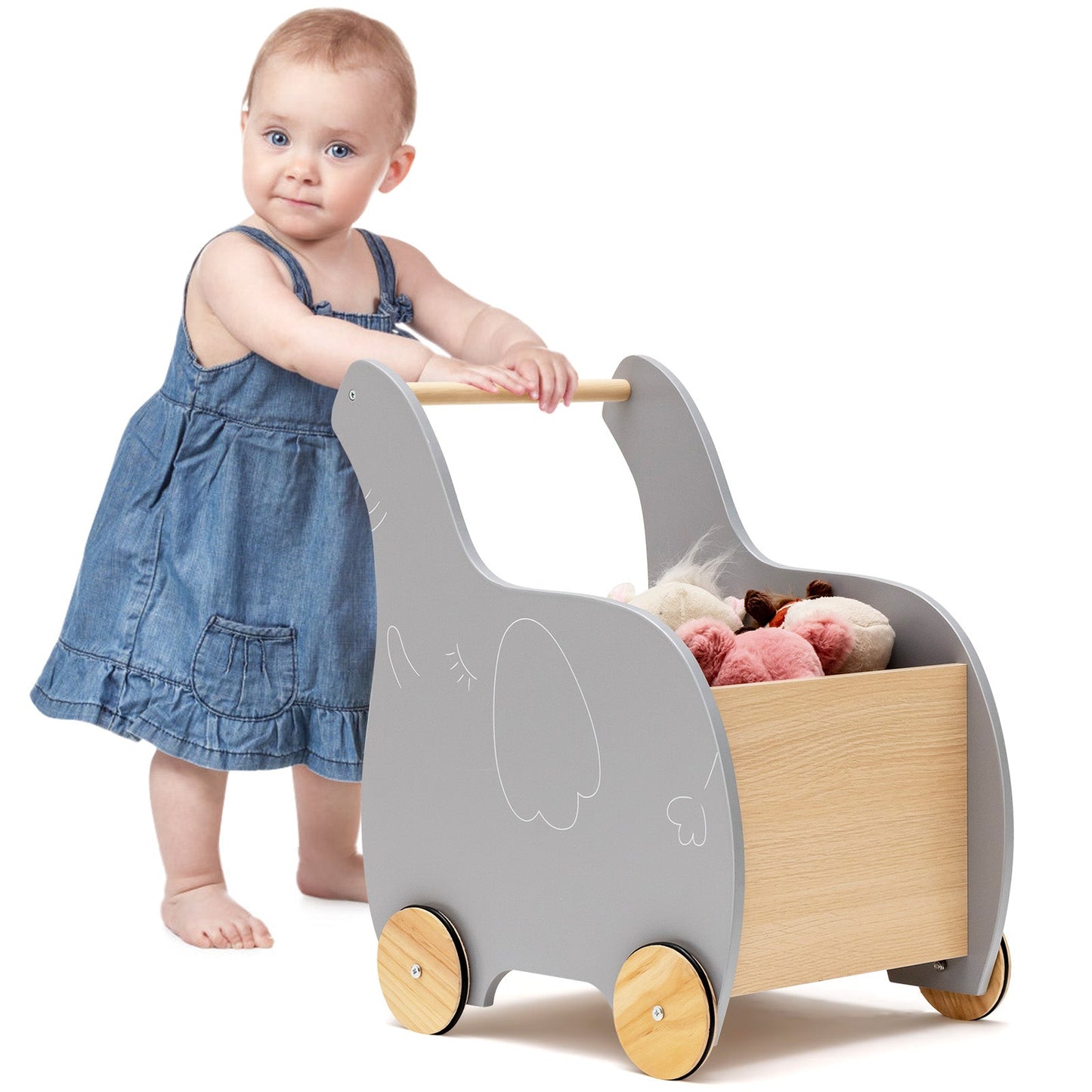 2-in-1 Wooden Baby Walker with Storage Chest and 4 Wheels-Grey
