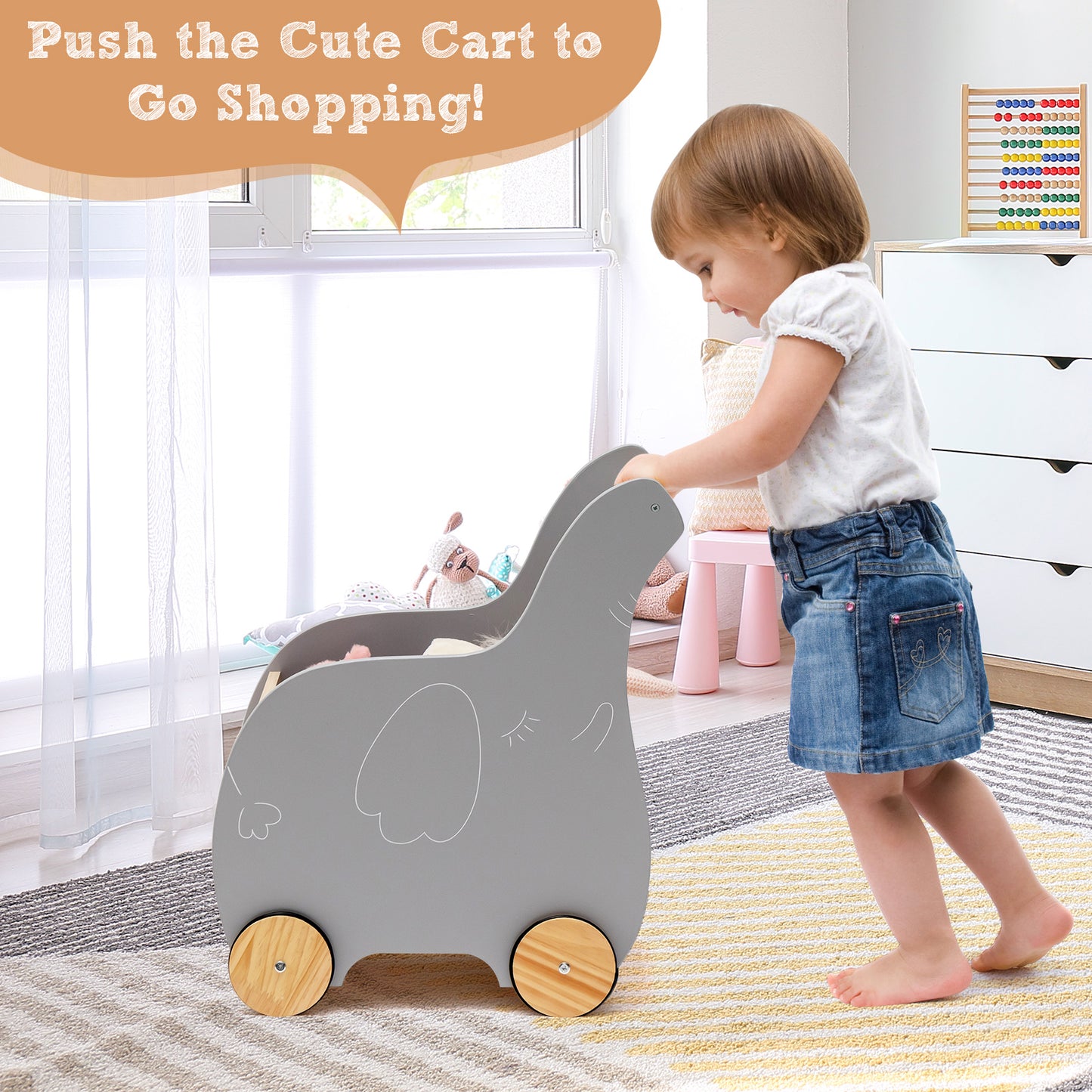 2-in-1 Wooden Baby Walker with Storage Chest and 4 Wheels-Grey