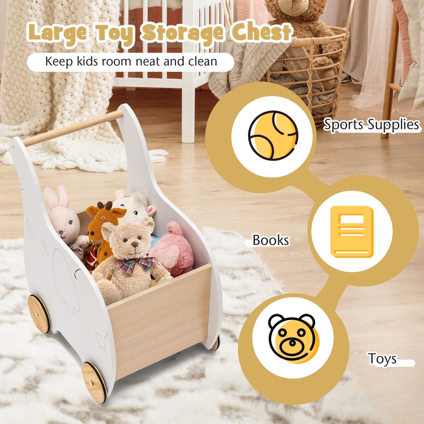2-in-1 Wooden Baby Walker with Storage Chest and 4 Wheels-White