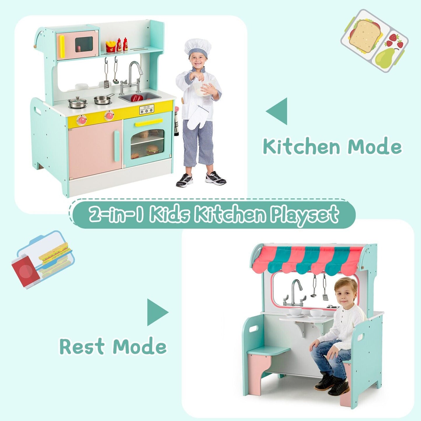 2-in-1 Kids Play Kitchen and Restaurant with Faucet