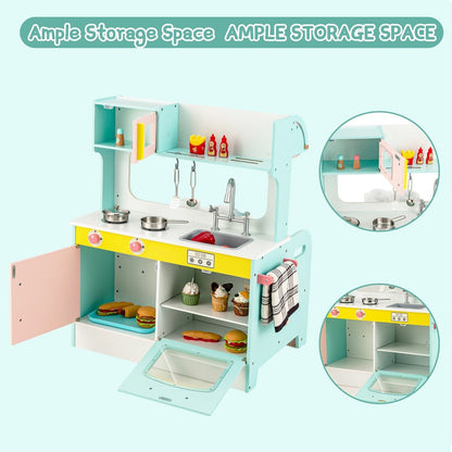 2-in-1 Kids Play Kitchen and Restaurant with Faucet