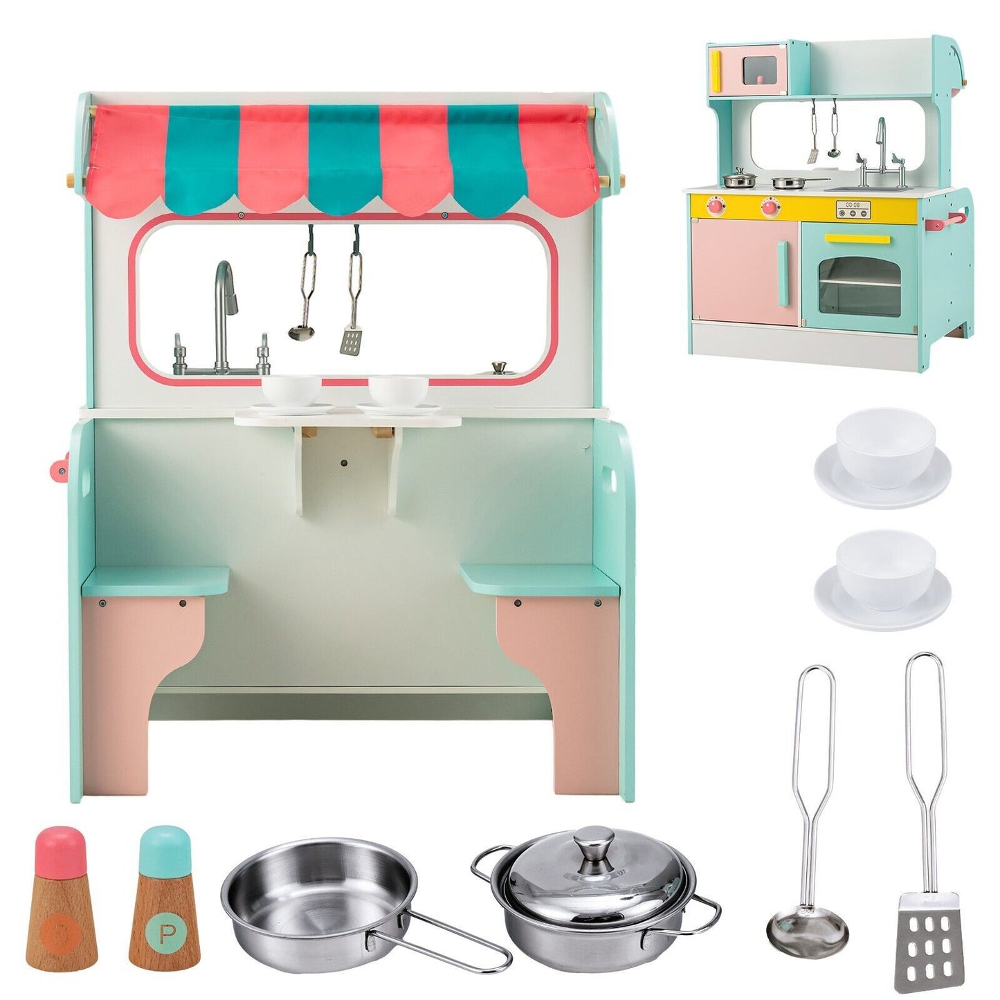 2-in-1 Kids Play Kitchen and Restaurant with Faucet