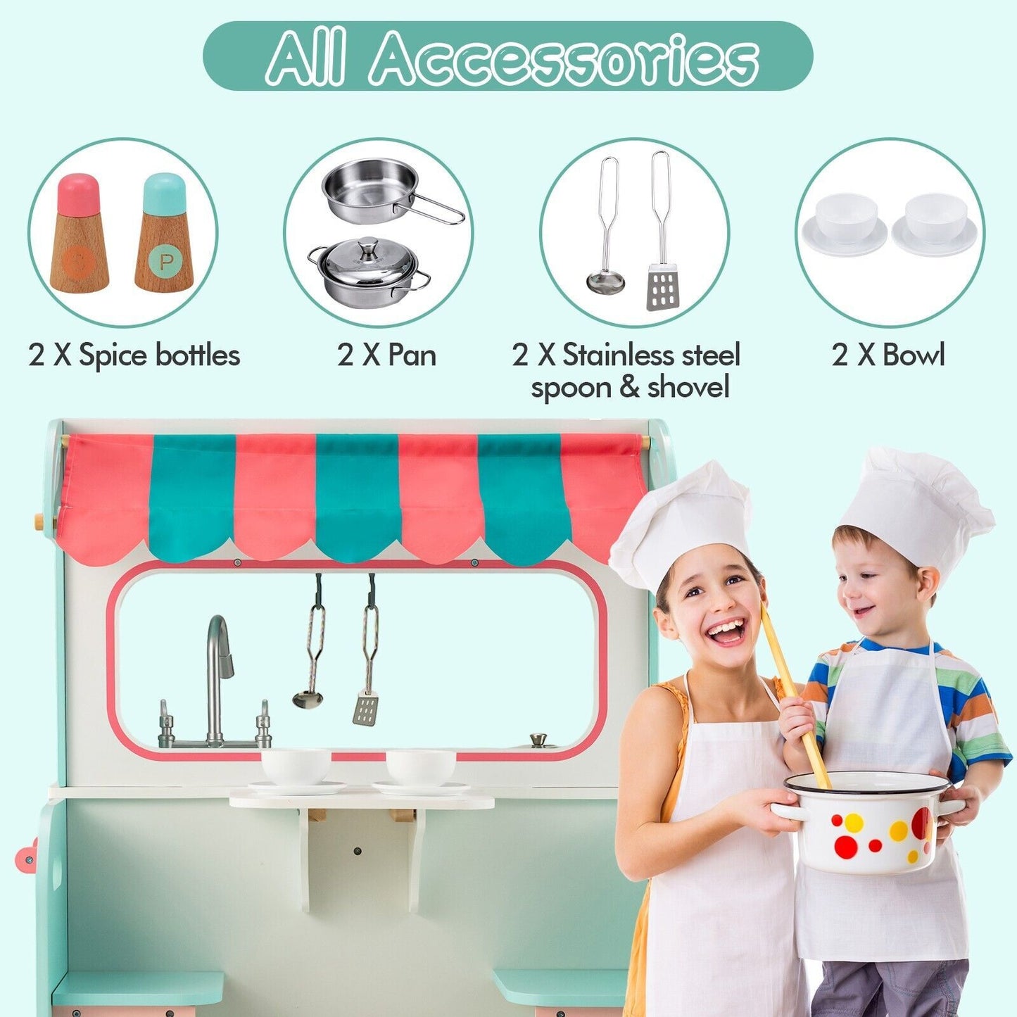 2-in-1 Kids Play Kitchen and Restaurant with Faucet