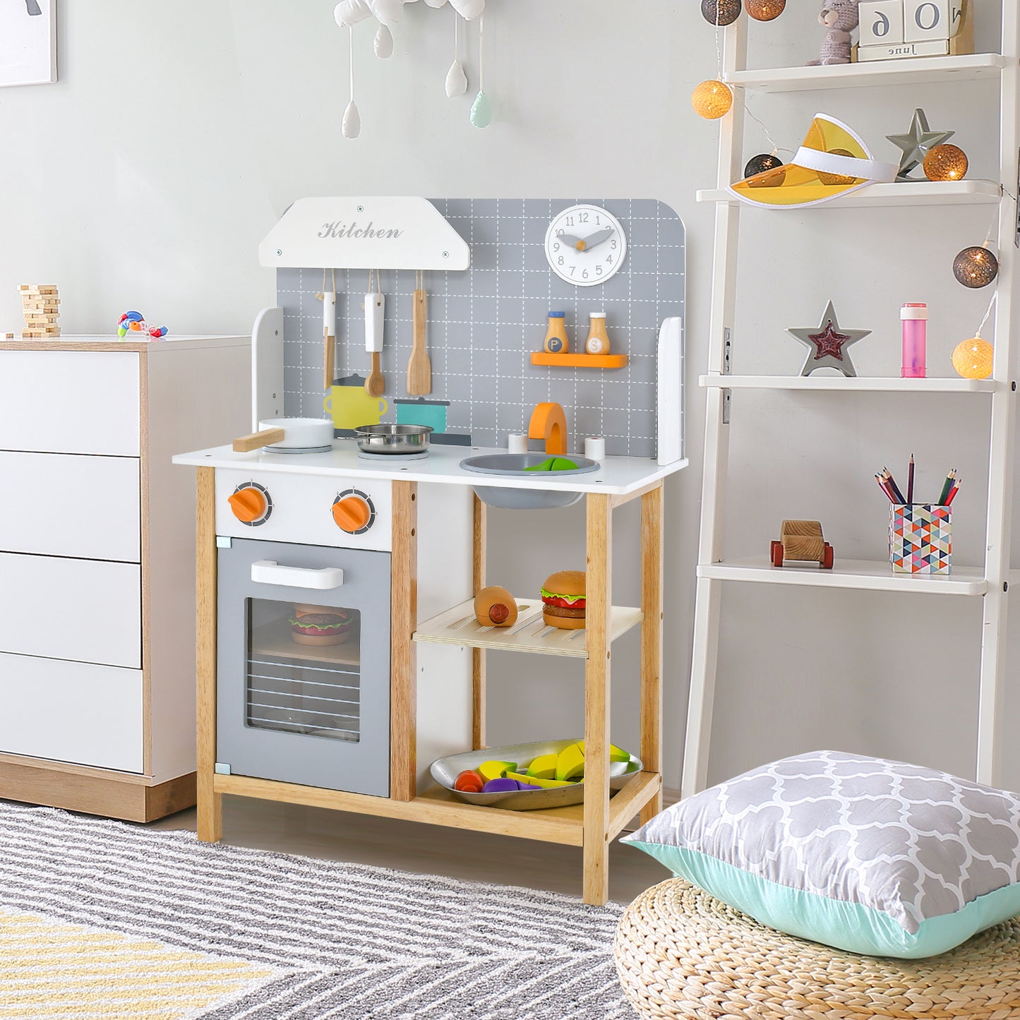 Wooden Kid's Play Kitchen Set with Cookware Accessories