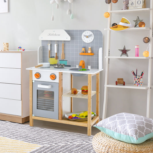 Wooden Kid's Play Kitchen Set with Cookware Accessories