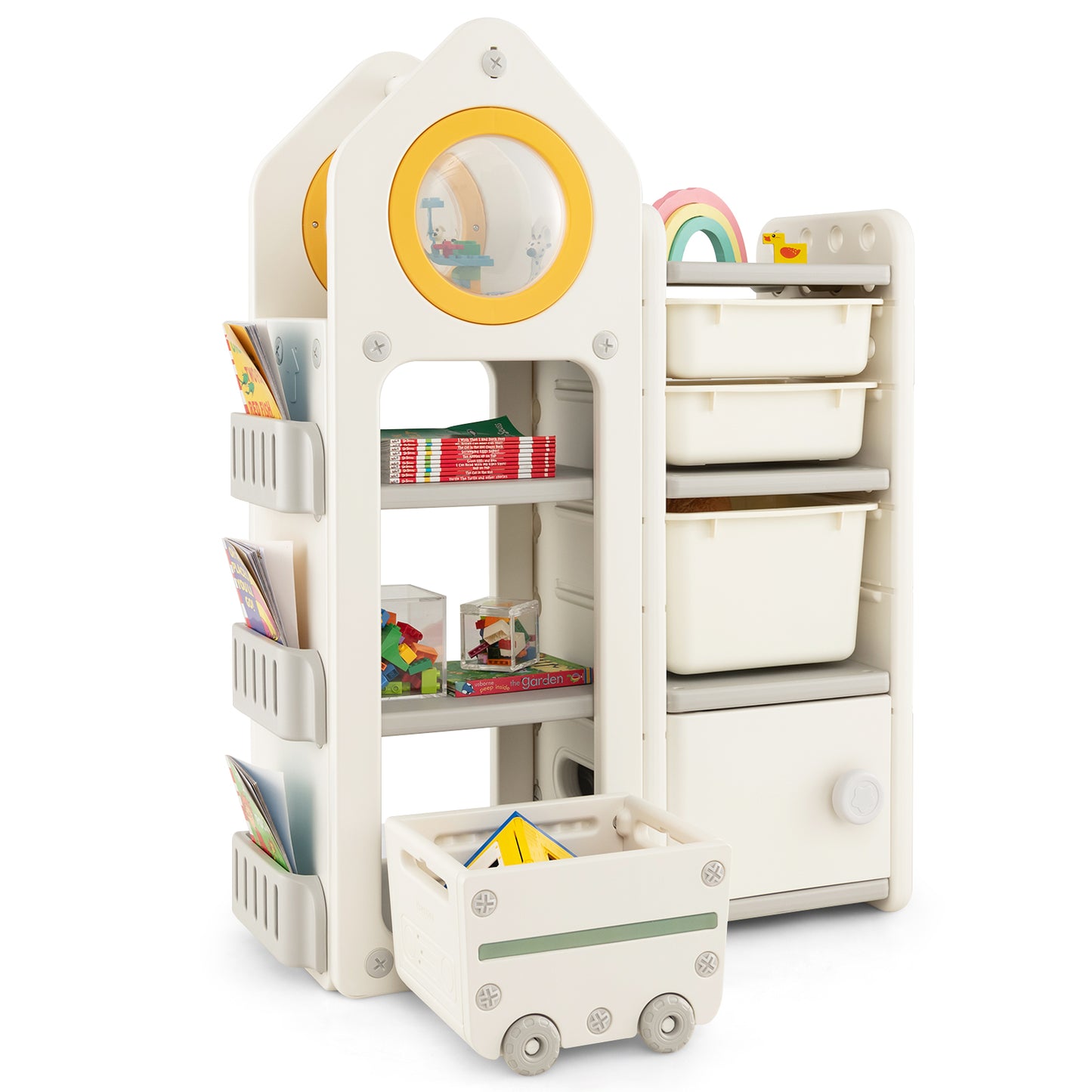 Kids Toy Storage Organizer with Mobile Trolley and Unique Roof-Beige