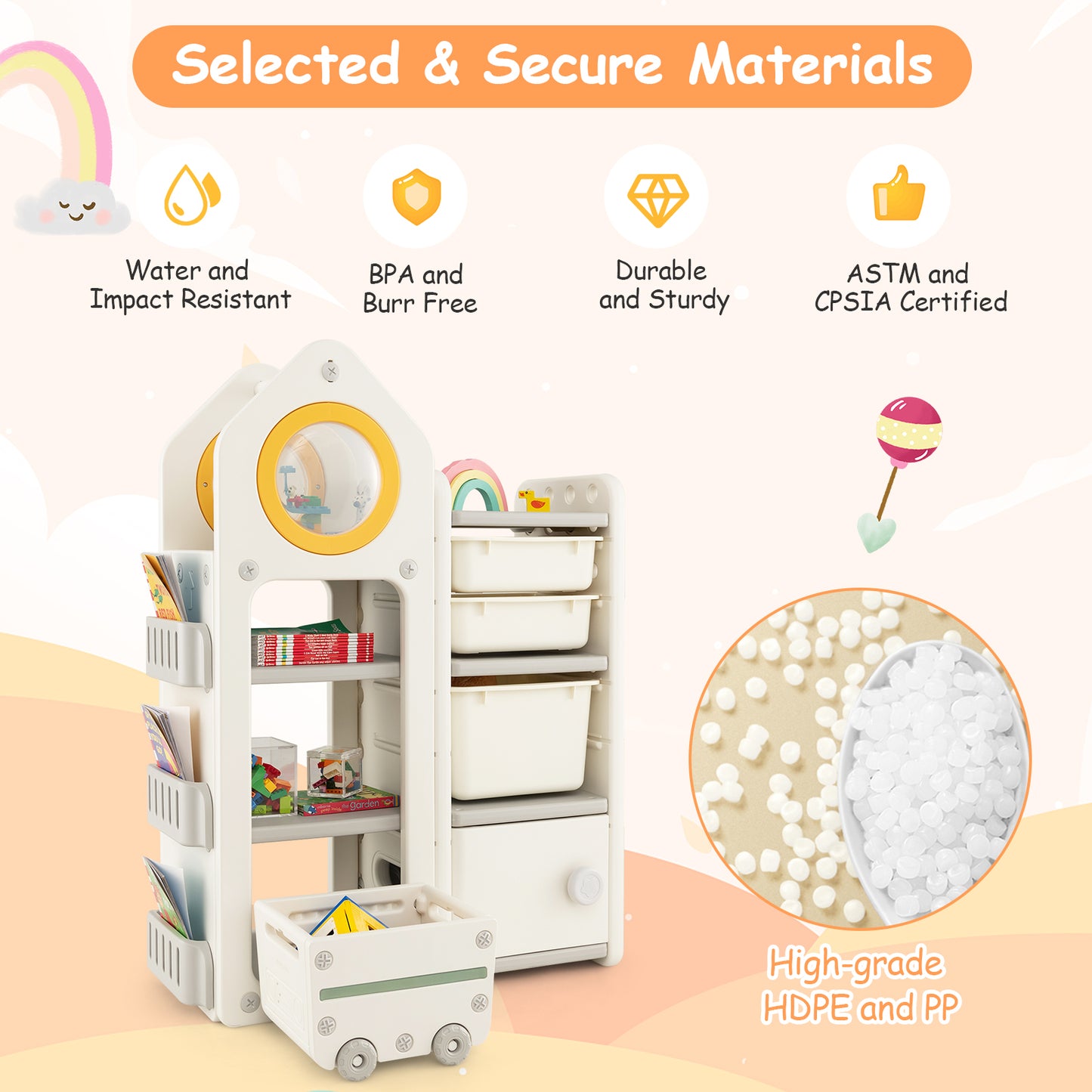 Kids Toy Storage Organizer with Mobile Trolley and Unique Roof-Beige