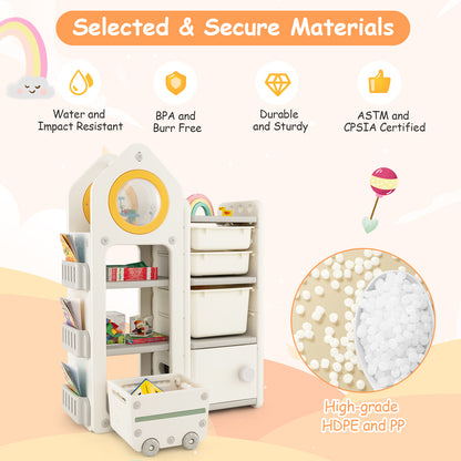Kids Toy Storage Organizer with Mobile Trolley and Unique Roof-Beige