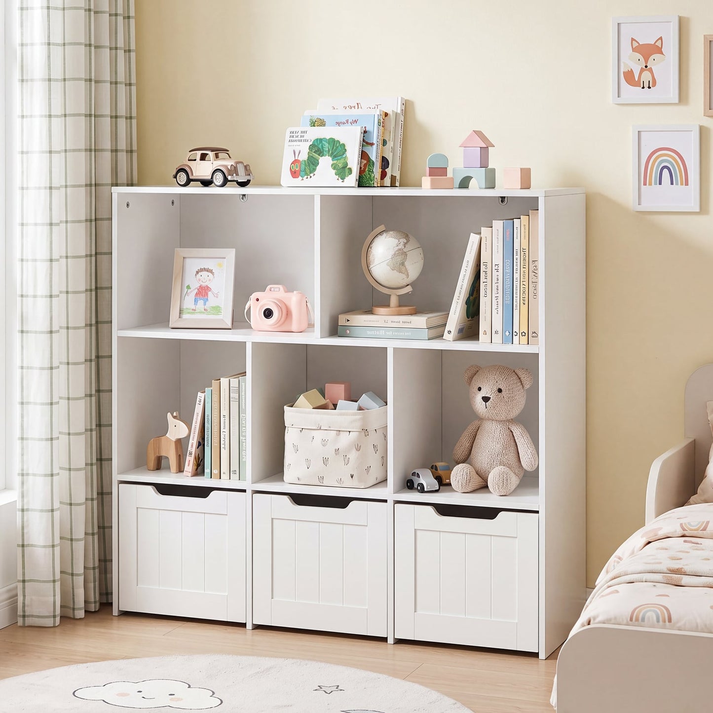 Wooden Toy Storage Organizer Kids Bookshelf with 5 Open Cubes and 3 Movable Drawers-White