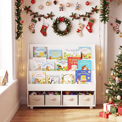 Double-Sided Kids Bookshelf Toddler Book Shelf on Wheels with Chalkboard-White