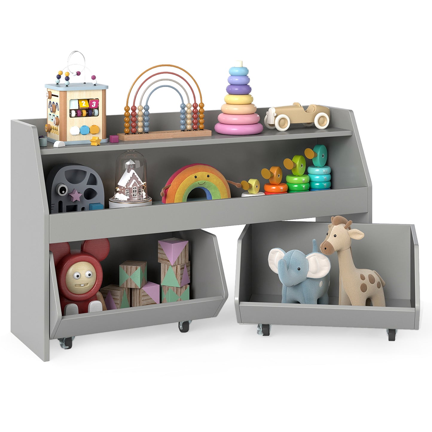 Wooden Kids Toy Storage Box with 2 Movable Drawers and Anti-toppling Kit-Grey