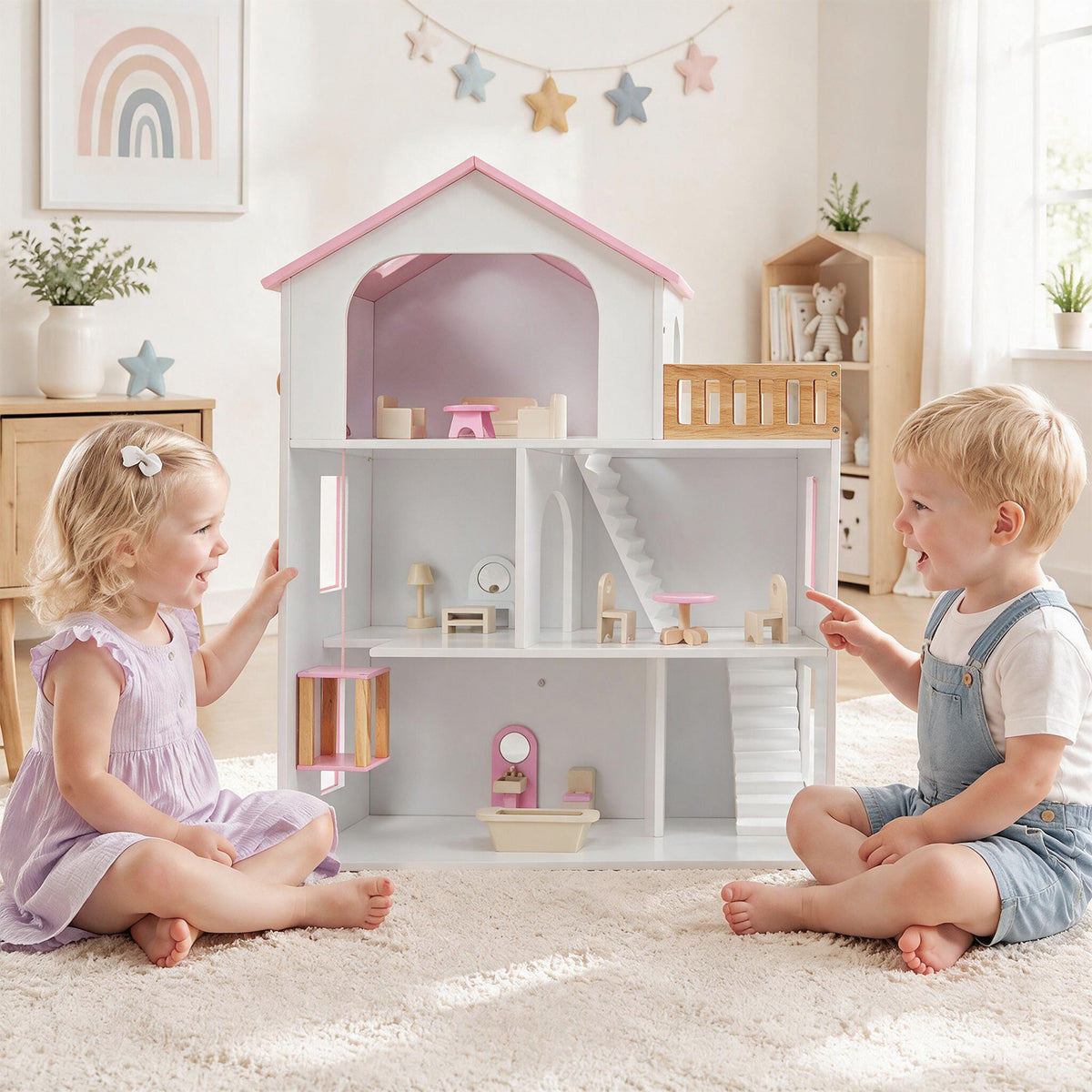 3-Story Wooden Dollhouse Playset with 5 Rooms and Furniture Accessories-Pink