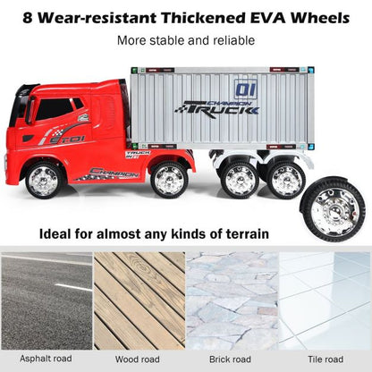12V Ride-On Semi-Truck with Container for Kids of 3-8 Year Old-Red