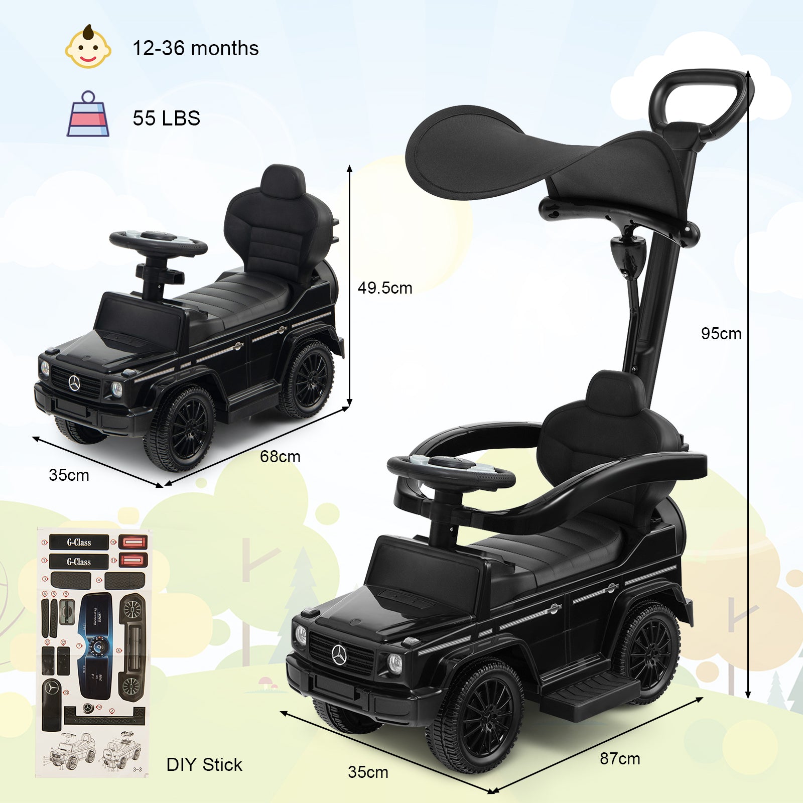 3-in-1 Baby Foot-to Floor Sliding Walker with Push Handle-Black
