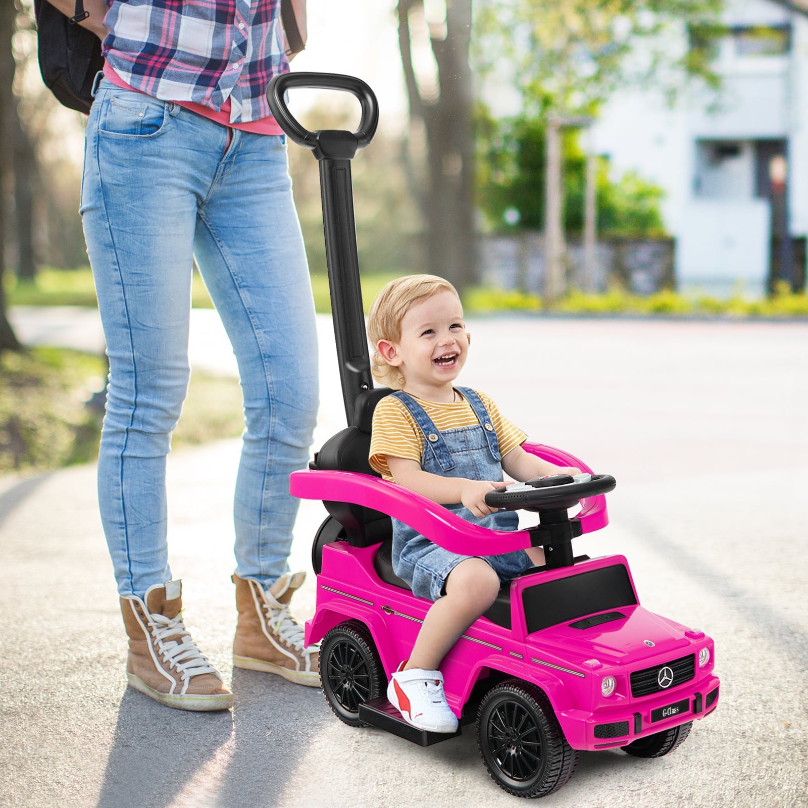 3-in-1 Baby Foot-to Floor Sliding Walker with Push Handle-Pink