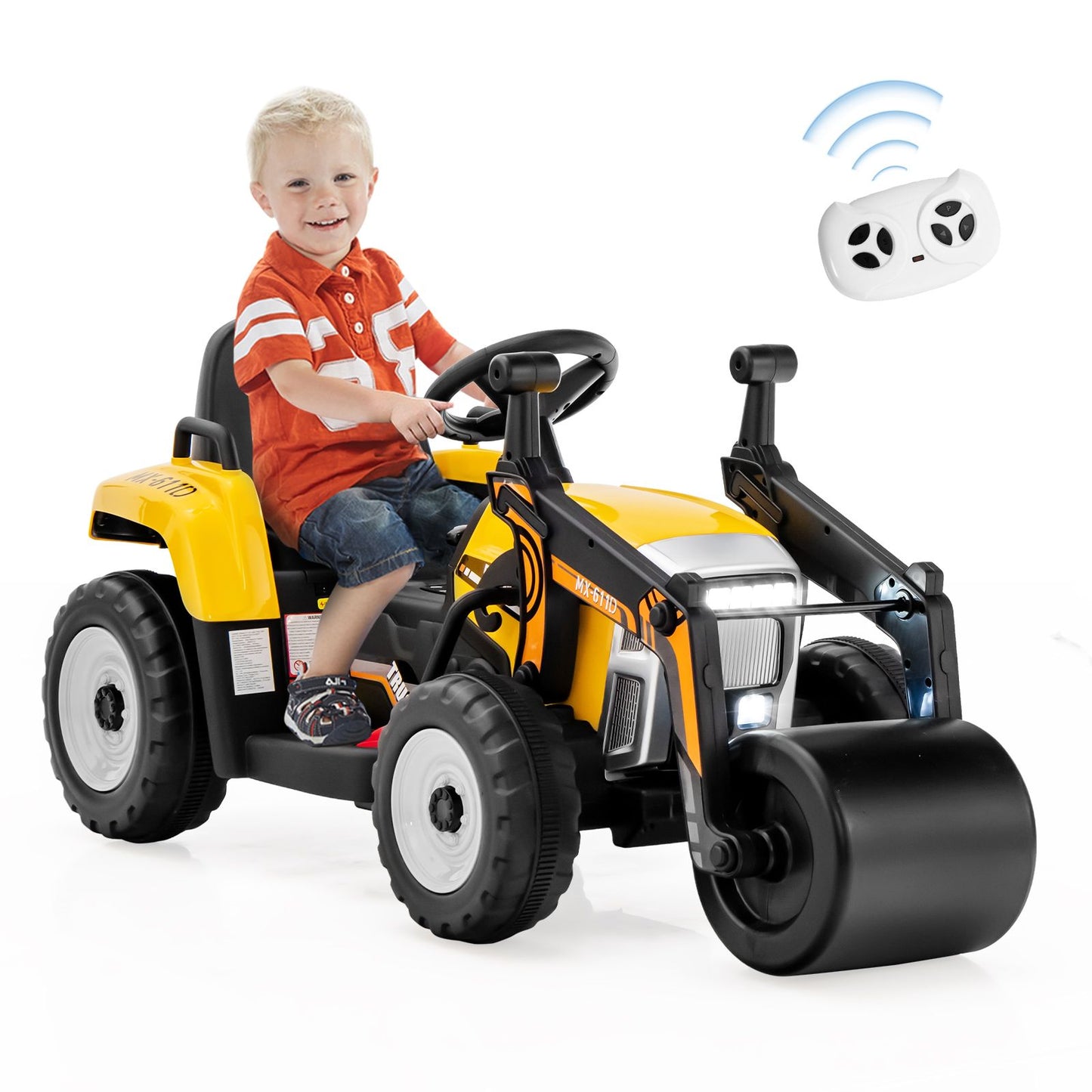 12V Battery Powered Kids Ride on Road Roller with 2.4G Remote Control-Yellow