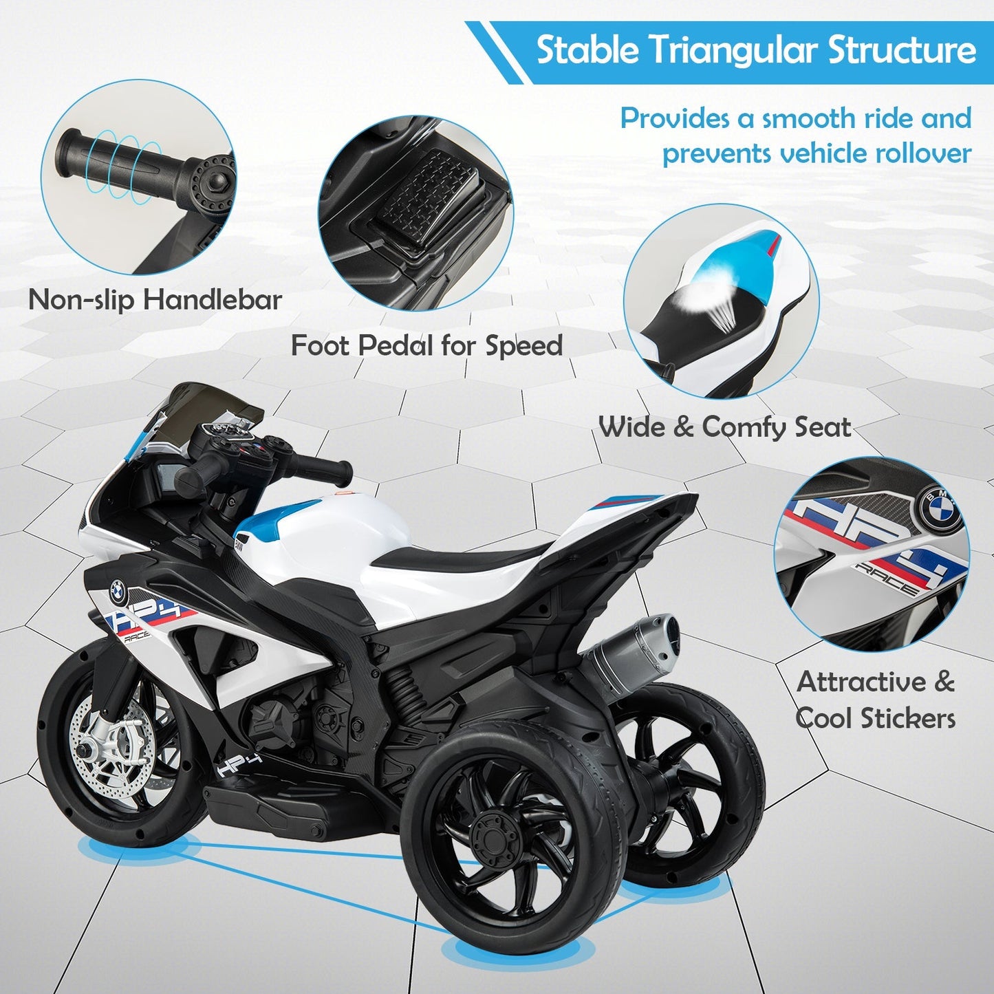 12V Kids Motorcycle Ride-On Toy with Music and Headlight-White