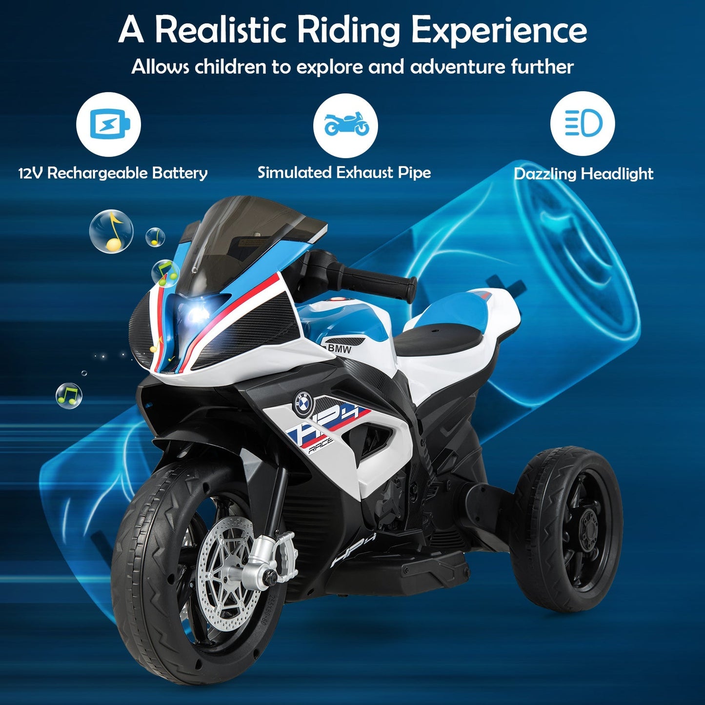 12V Kids Motorcycle Ride-On Toy with Music and Headlight-White