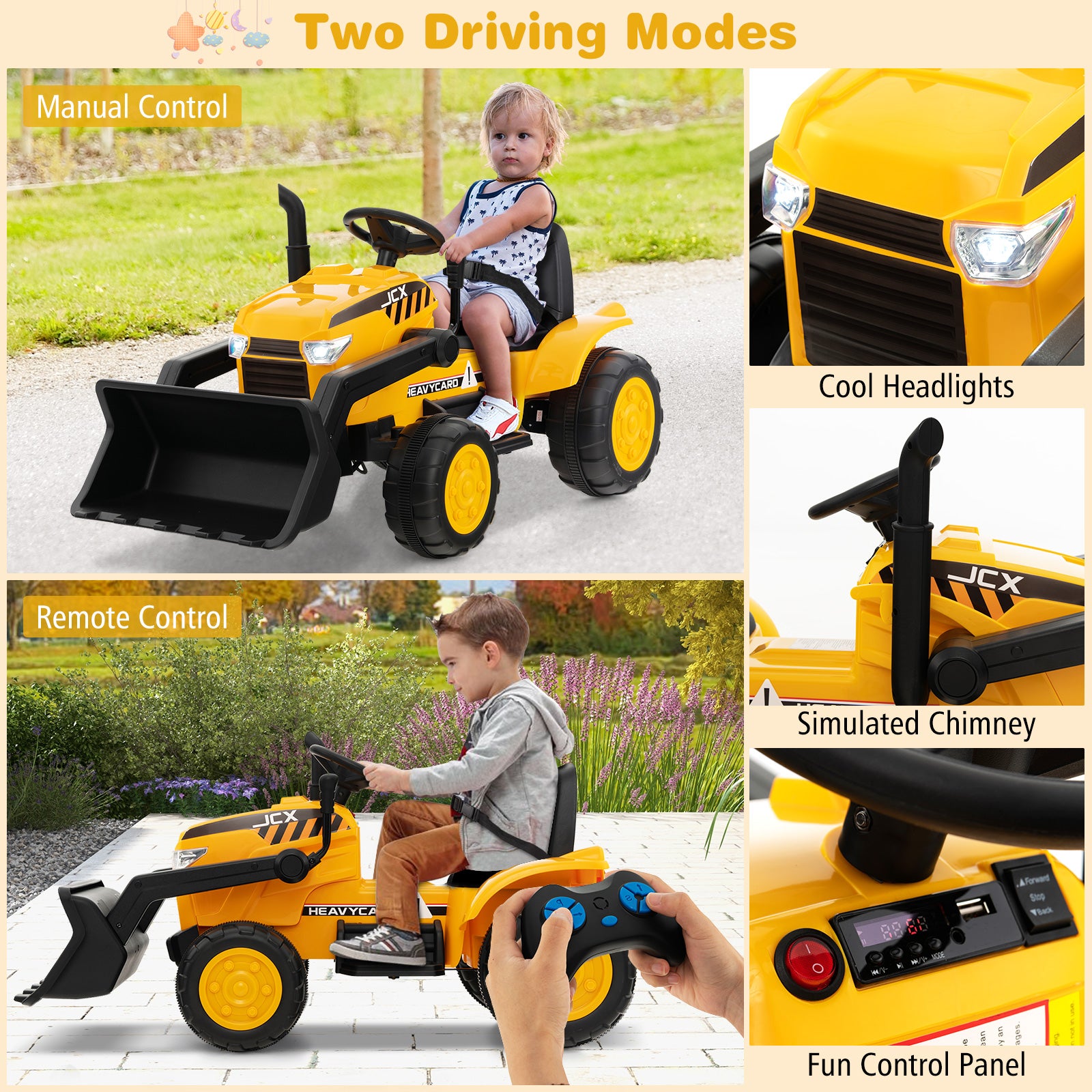 12V Battery Powered Bulldozer Digger with Adjustable Digging Bucket-Yellow