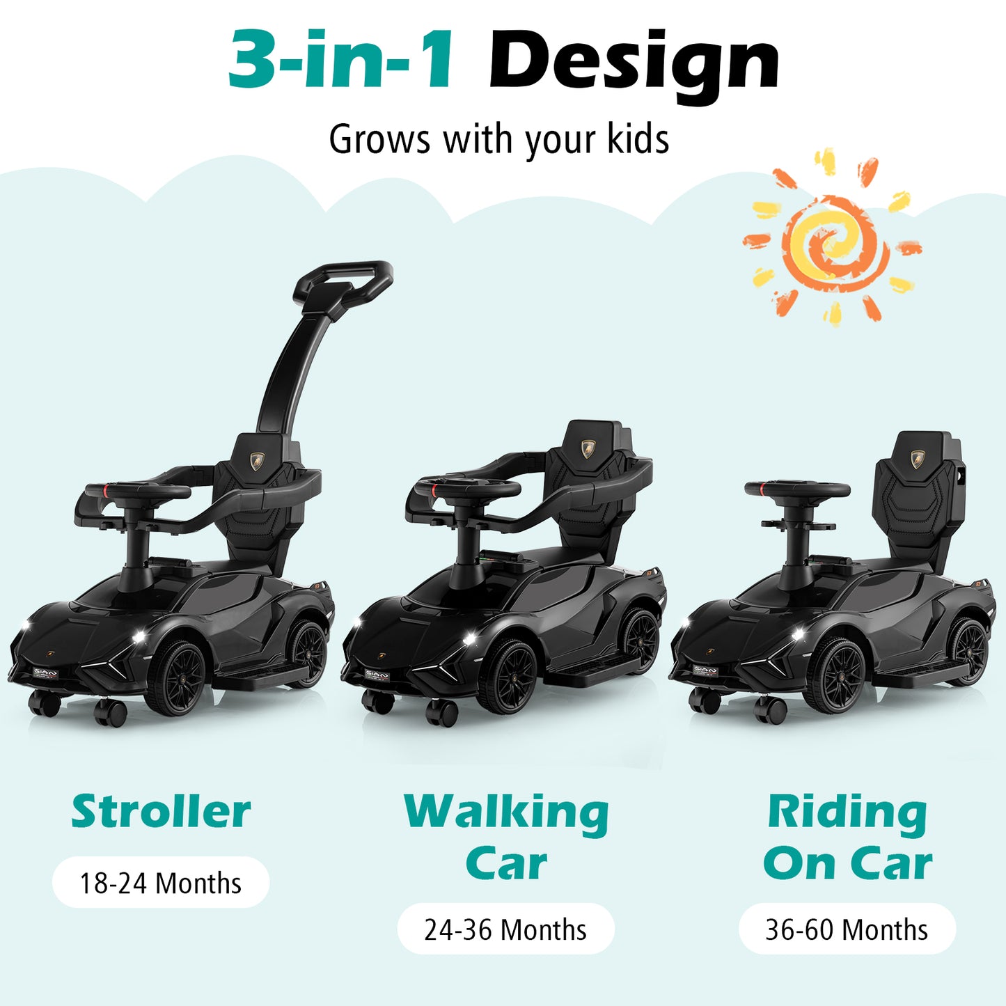 3-in-1 Ride On Push Car with Removable Guardrails and Handle-Black