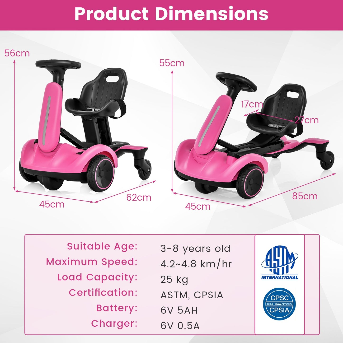 6V Electric Ride on Drift Car for Kids Aged 3-8 Years Old-Pink