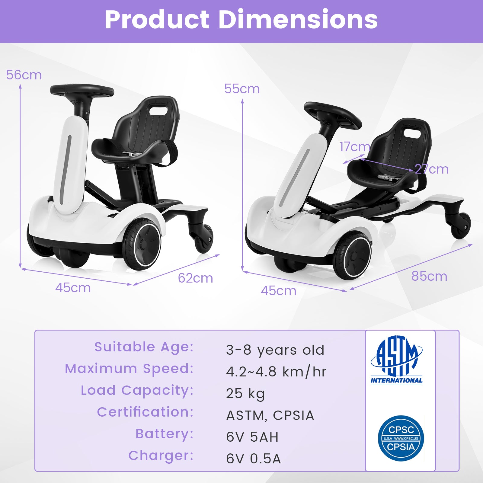 6V Electric Ride on Drift Car for Kids Aged 3-8 Years Old-White