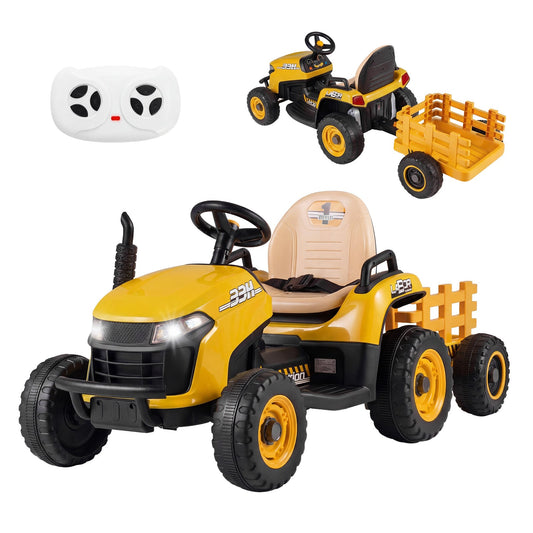 24V Ride on Tractor with Tiltable and Detachable Trailer Battery Powered Electric Tractor-Yellow