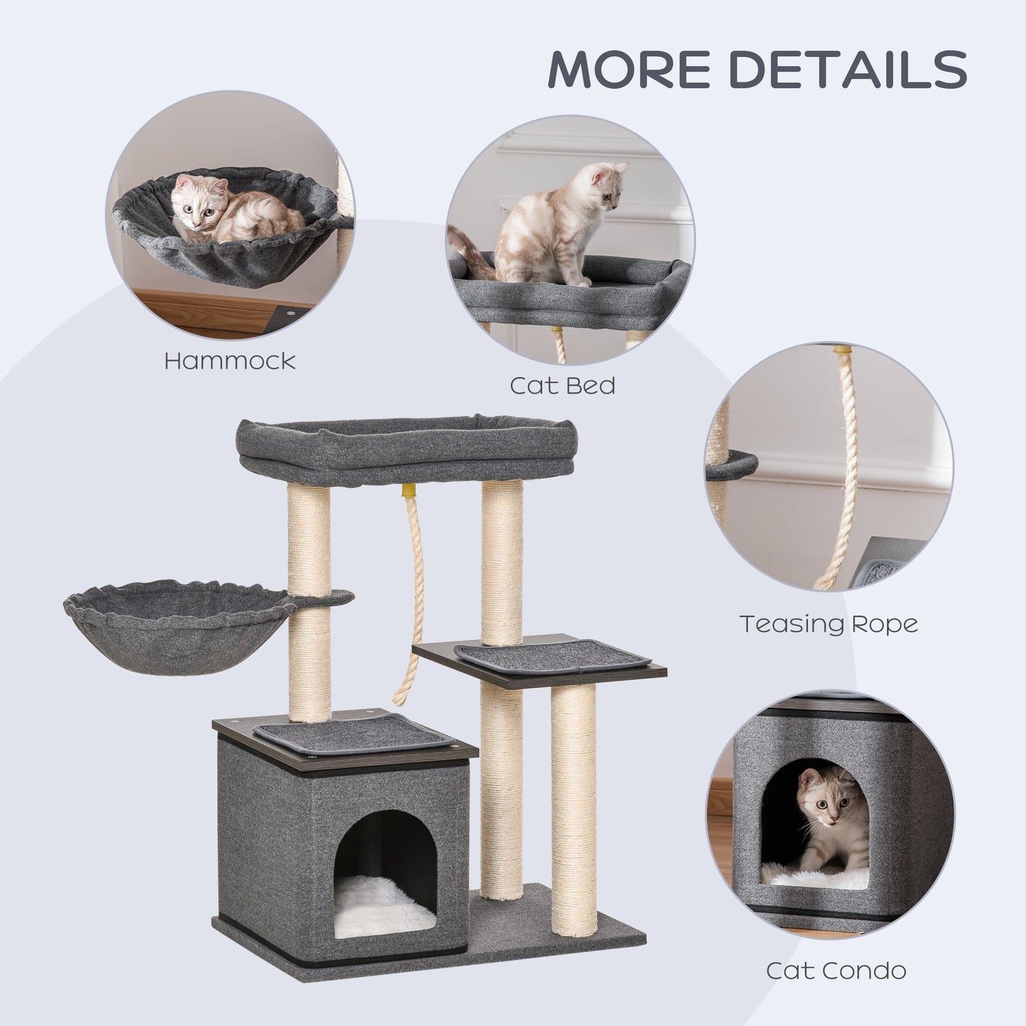 PawHut Cat Tree Tower for Indoor Cats Climbing Activity Center Kitten Furniture with Sisal Scratching Post Bed Condo Perch Teasing Rope 60 x 40 x 83cm Dark Grey