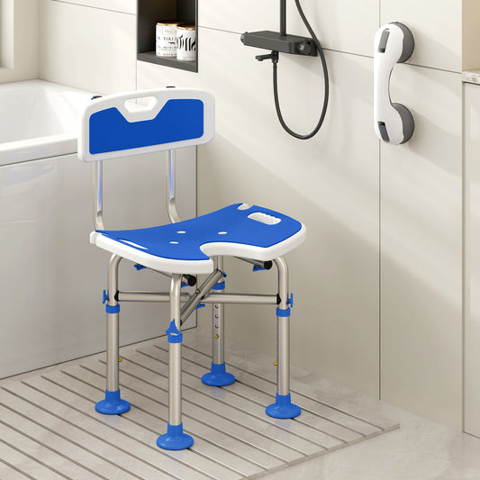HOMCOM Shower Chair with U-Shaped Cutout, Height Adjustable Bath Bench, Padded Shower Stool for Elderly, Senior, Disabled, Blue