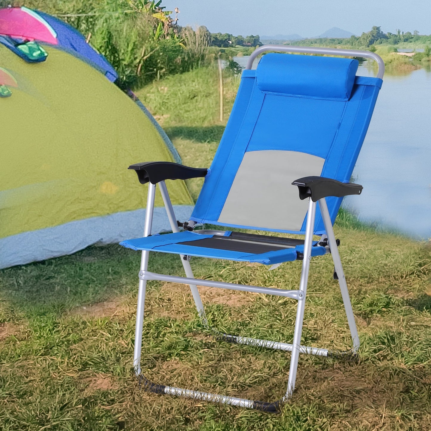 Outsunny Outdoor Garden Folding Chair Patio Armchair 3-Position Adjustable Recliner Reclining Seat with Pillow - Blue