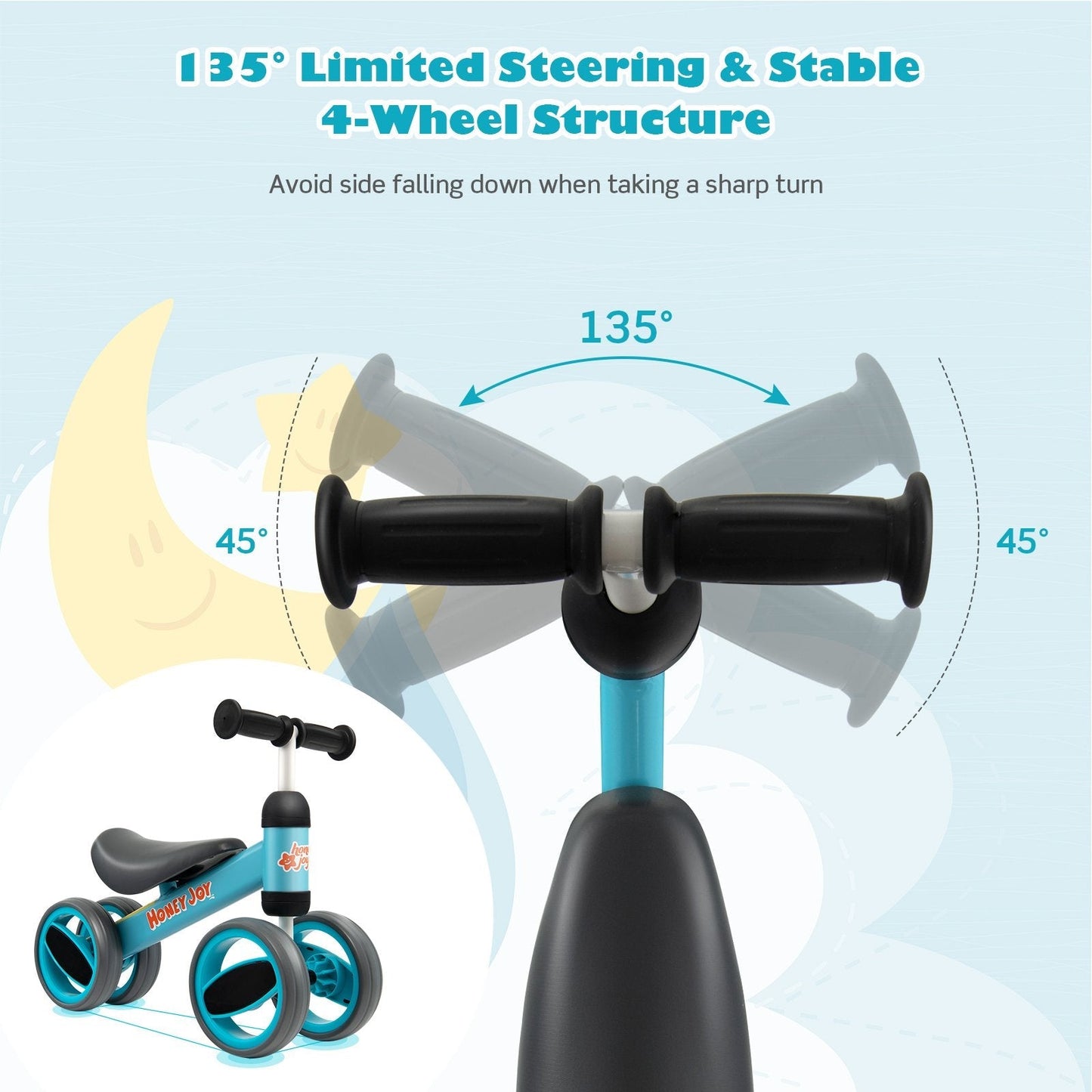 Baby Balance Bike with 4 Wheels and Limited Steering-Blue