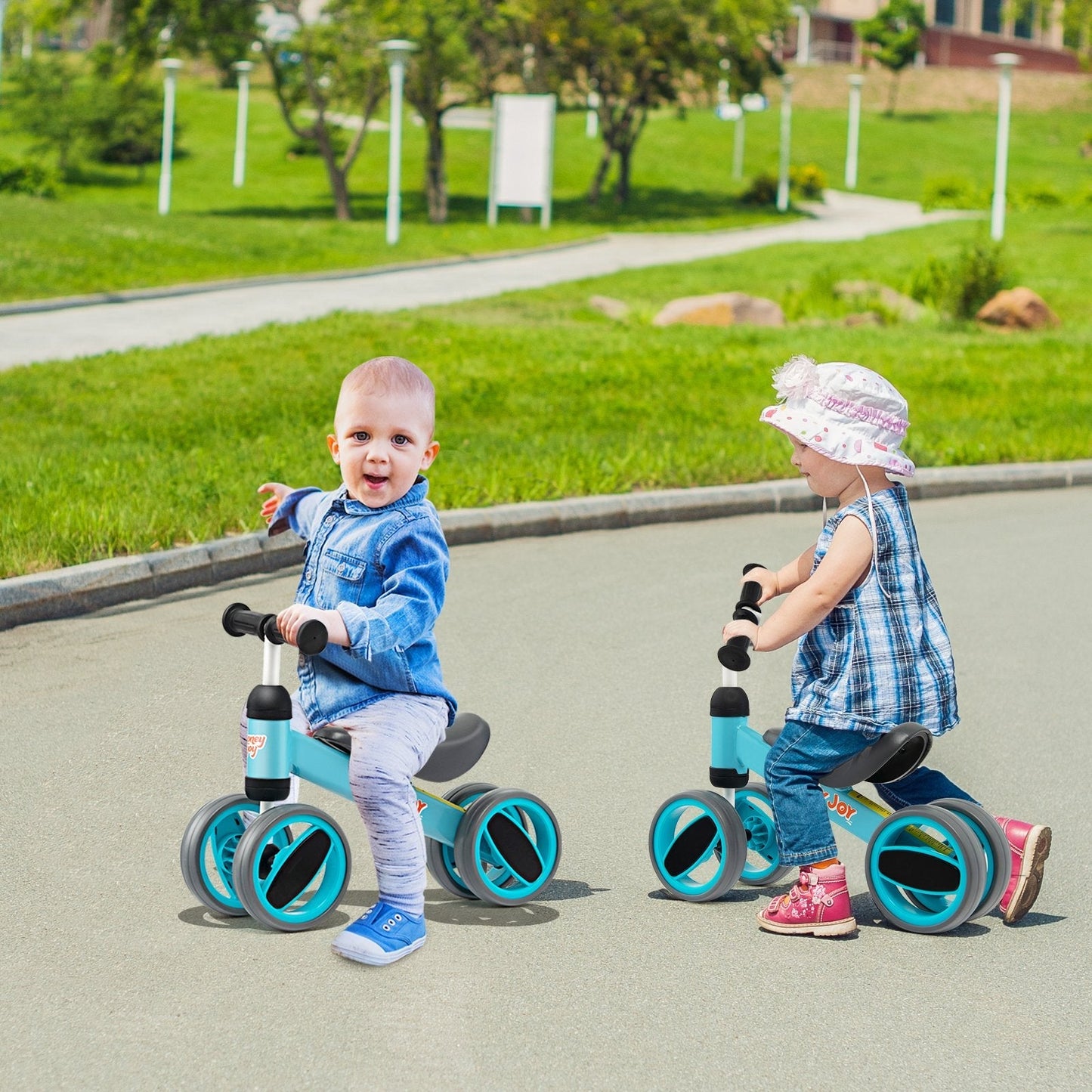 Baby Balance Bike with 4 Wheels and Limited Steering-Blue