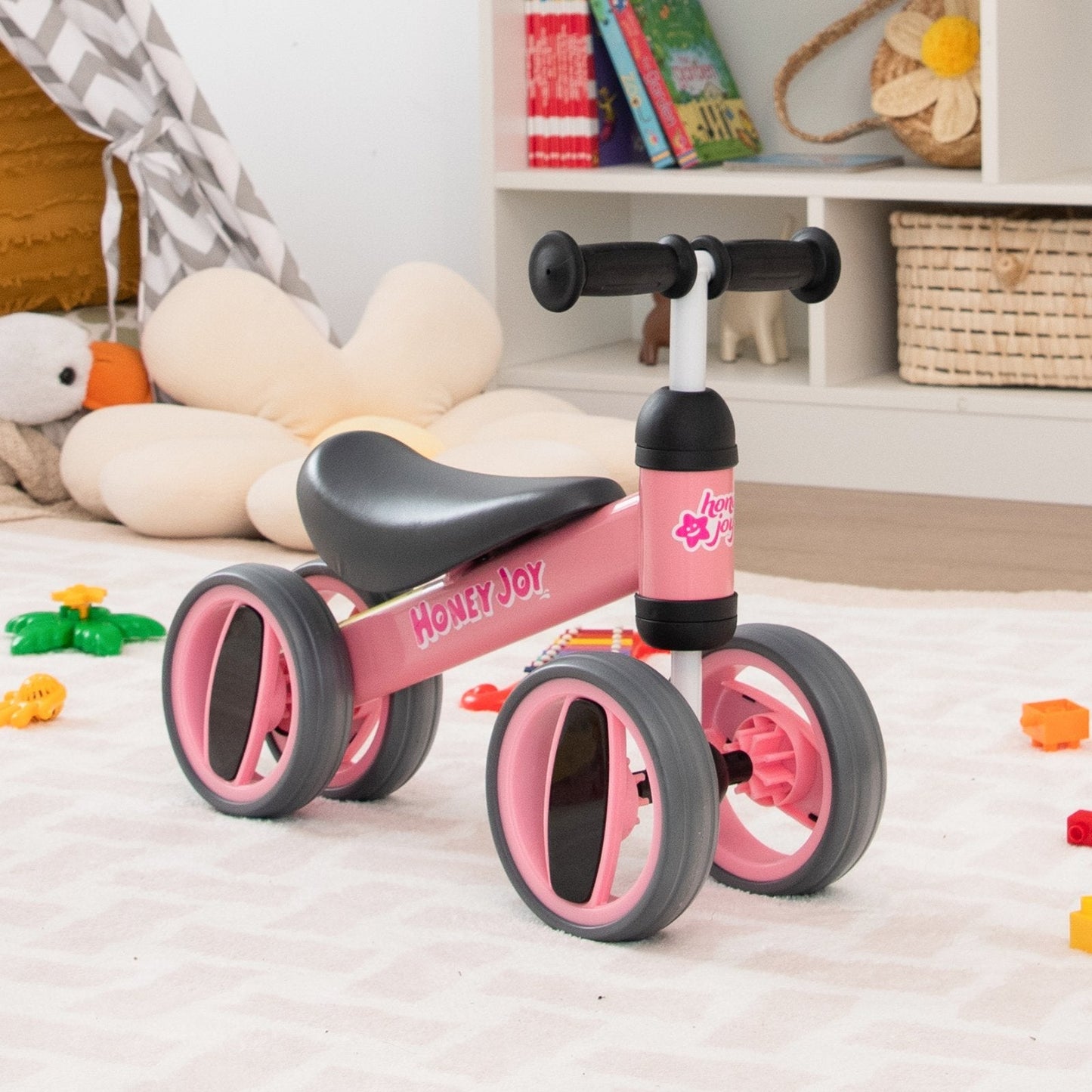 Baby Balance Bike with 4 Wheels and Limited Steering-Pink