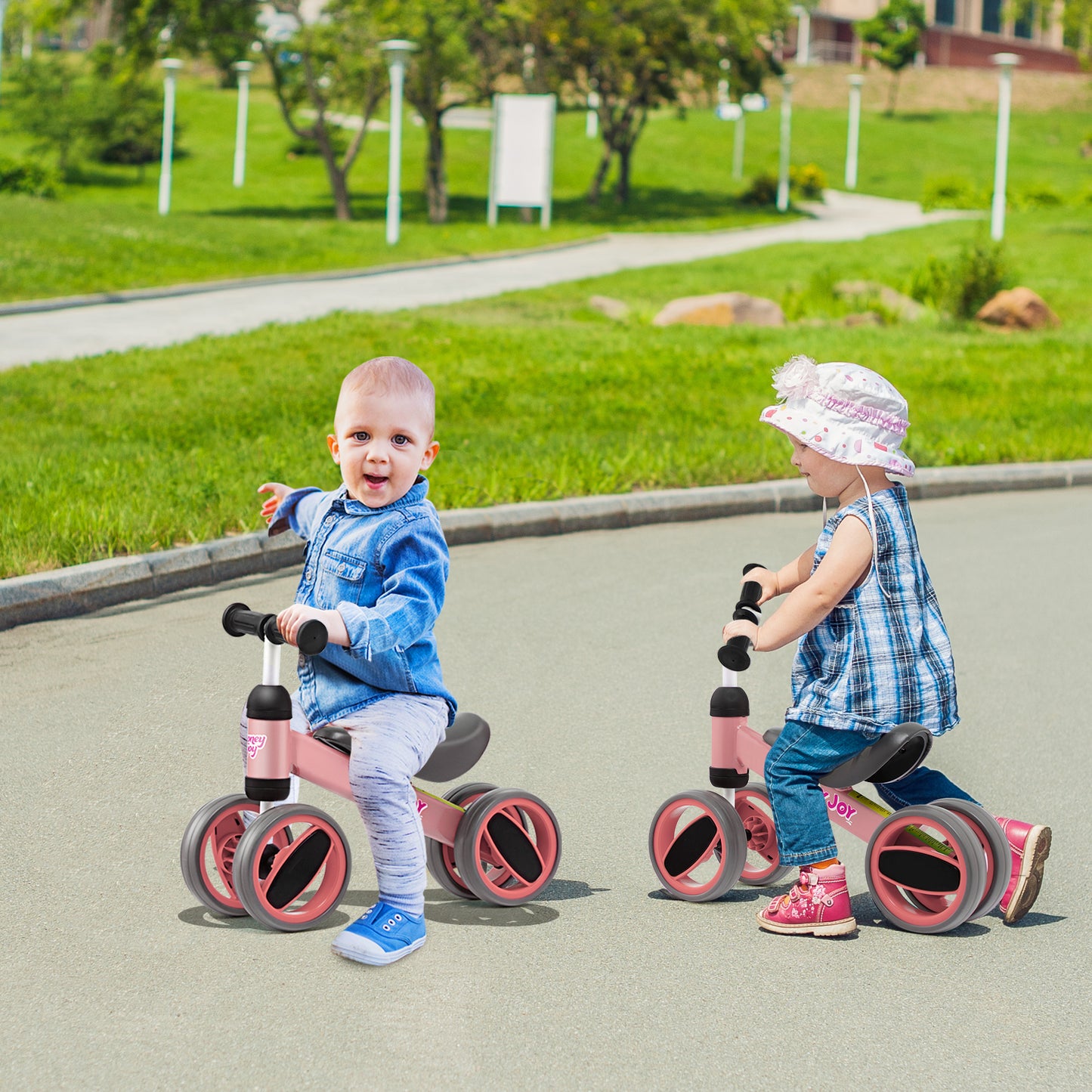 Baby Balance Bike with 4 Wheels and Limited Steering-Pink