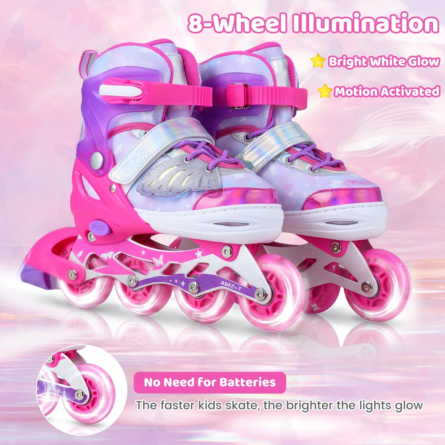 Kids Inline Skates with Full Light Up PU Wheels Adjustable Length for Beginners-Pink
