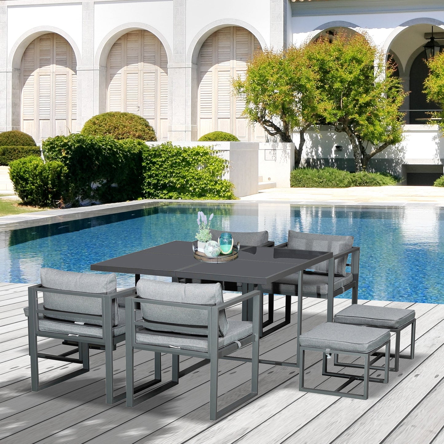 Outsunny 9PCs Patio Aluminium Dining Set, Space Saving Cube Set with 4 Chairs, 4 Ottoman, Cushions, 8 Seater Garden Furniture