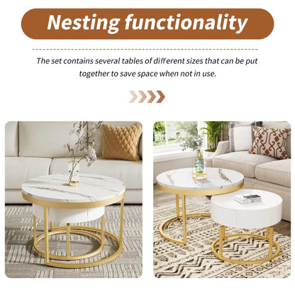 Rotating Round Marble Coffee Table Set, High Gloss Pattern with Golden Metal Frame, Set of 2, 70x70x45 cm + 50x50x38.5 cm, White