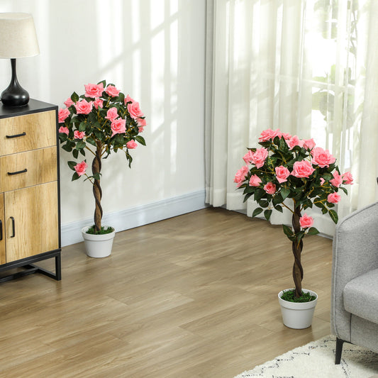 Outsunny Set of 2 Artificial Plants Pink Rose Floral in Pot, Fake Plants for Home Indoor Decor, 90cm