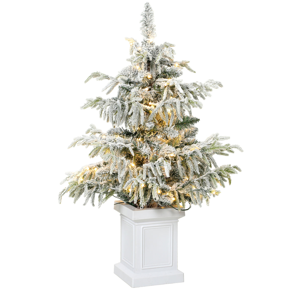 HOMCOM 3ft Prelit Flocked Christmas Tree, Artificial Snow Flocked Spruce with 100 Warm White LED Lights, 8 Modes, Green