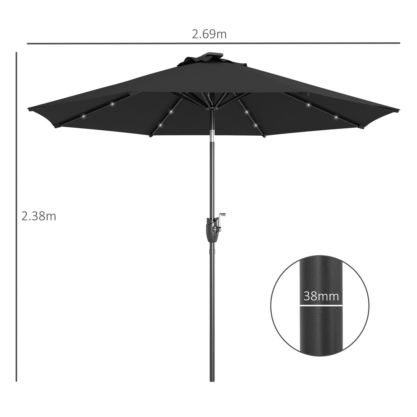 Outsunny Φ2.7m Garden Parasol Solar Outdoor Sun Umbrella Patio Sun Shade w / 24 LED Light، كرنك اليد و 8 أضلاع، أسود