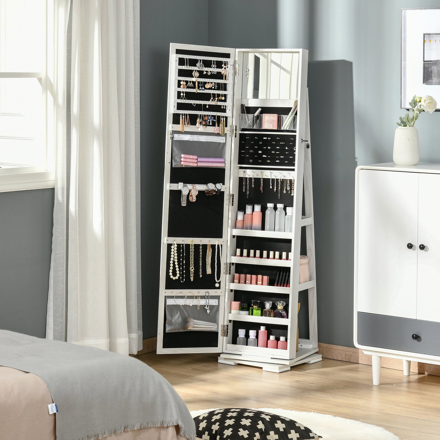 HOMCOM 360¡ Swivel Jewellery Cabinet, Mirror Armoire, Full Length Mirror, Lockable Jewellery Organizer with Built-In Small Mirror, White