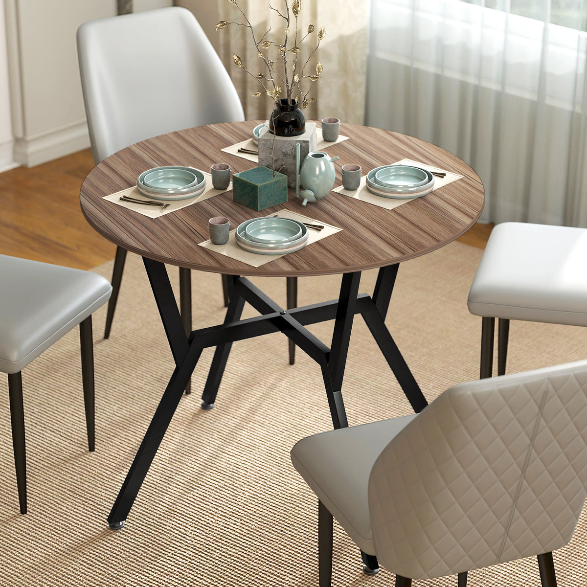 HOMCOM Dining Table, Round Kitchen Table with Black Legs, Anti-slip Foot Pads for Living Room, Dining Room 90 x 76 cm, Brown
