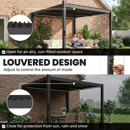 Outsunny 3 x 3 m Louvered Pergola with Solar LED lights, Metal Roof, Patio Gazebo Pergola Canopy with Drainage Gutters, Black