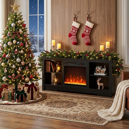 TV Stand and Electric Fireplace Set with Adjustable Flame Effects-Black